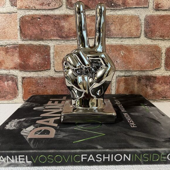 Ceramic Peace Sign Hand Sculpture Figurine Metallic Silver Tone BOHO Decor - Picture 5 of 16